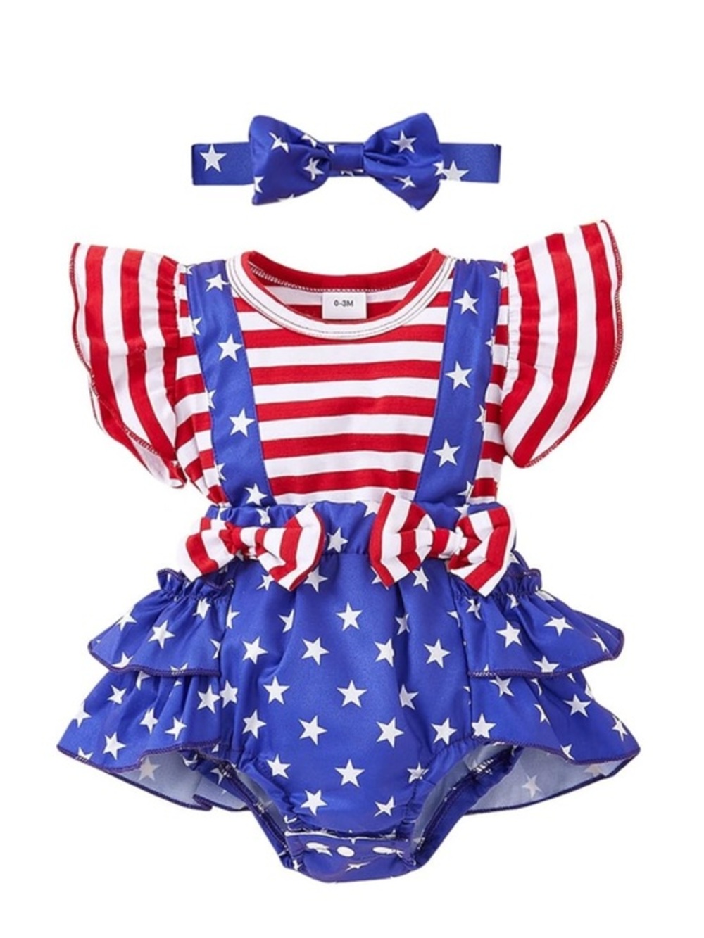 Baby Girl 4Th of July ruffled romper with headband size 0-3M